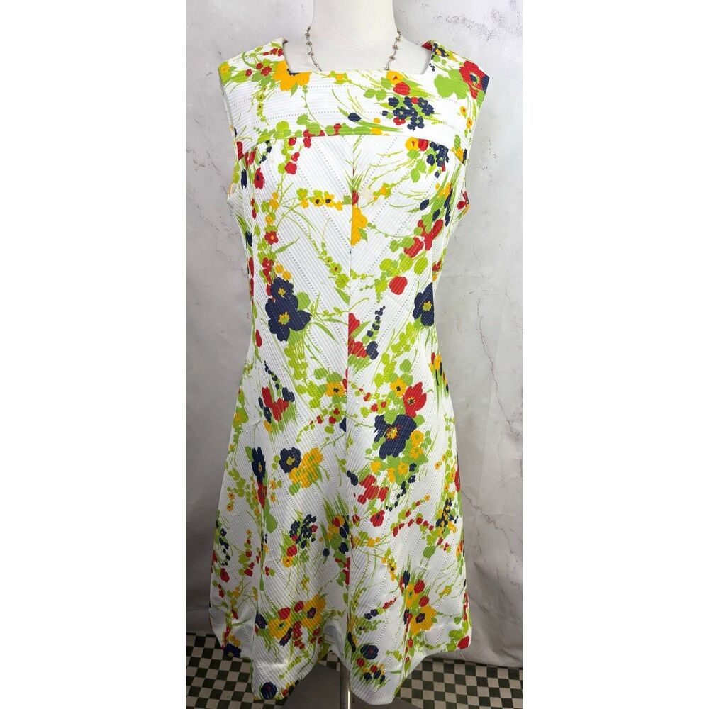Vintage 60s Womens Mod Sleeveless Sheath Dress Flower Psychedelic Retro SZ 14 XL